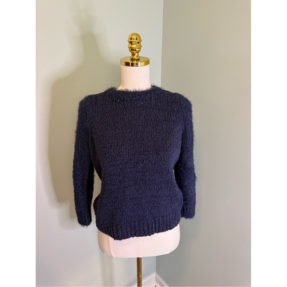 Anthropologie Navy Blue Eyelash Knit Fuzzy Crewneck Sweater Boucle Soft Small‎